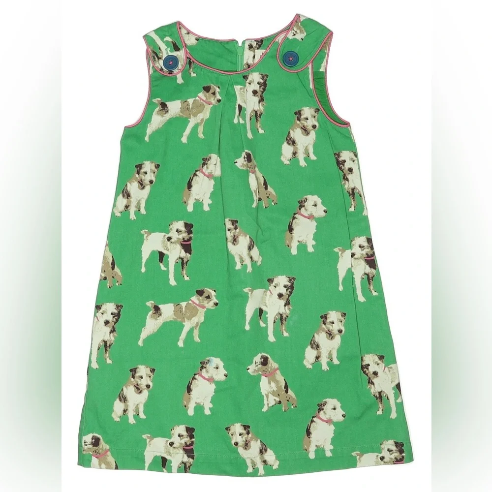 Mini Boden Green Dog Print Dress 6-7 Cute Puppy Dress Sleeveless A-line EUC